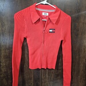 Tommy Hilfiger Red Ribbed Long Sleeve Crop Blouse